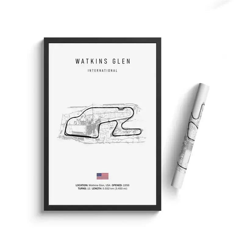Black-framed minimalist circuit canvas featuring detailed line drawing of watkins glen international for motorsport wall art