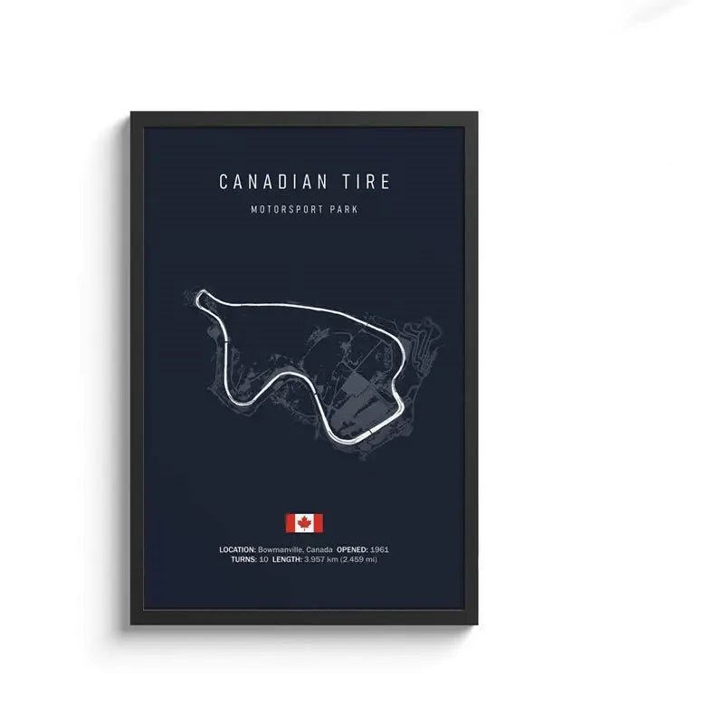 Black-framed circuit canvas painting of canadian tire motorsport park track with navy background and canadian flag wall art