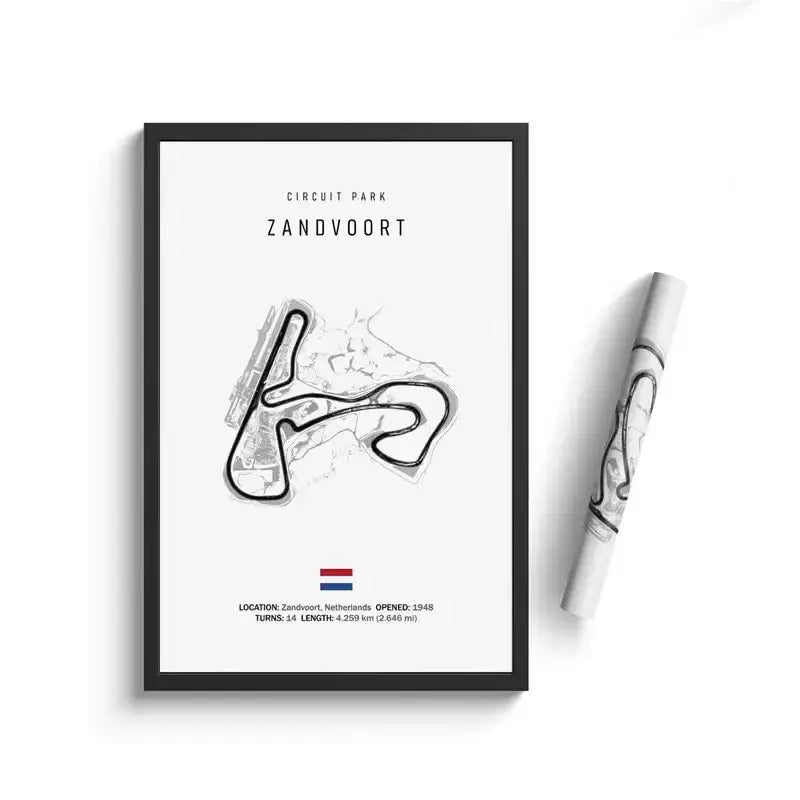 Black-framed zandvoort circuit canvas painting with minimalist black line art and dutch flag wall art by DecorBites™