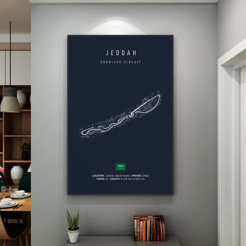 Dark blue canvas painting featuring a white line drawing of Jeddah Corniche circuit canvas wall art by DecorBites™