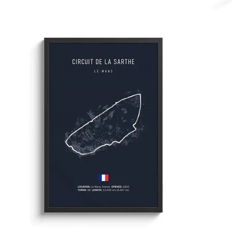 Dark blue framed circuit canvas painting featuring a white line drawing of circuit de la sarthe map and french flag wall art