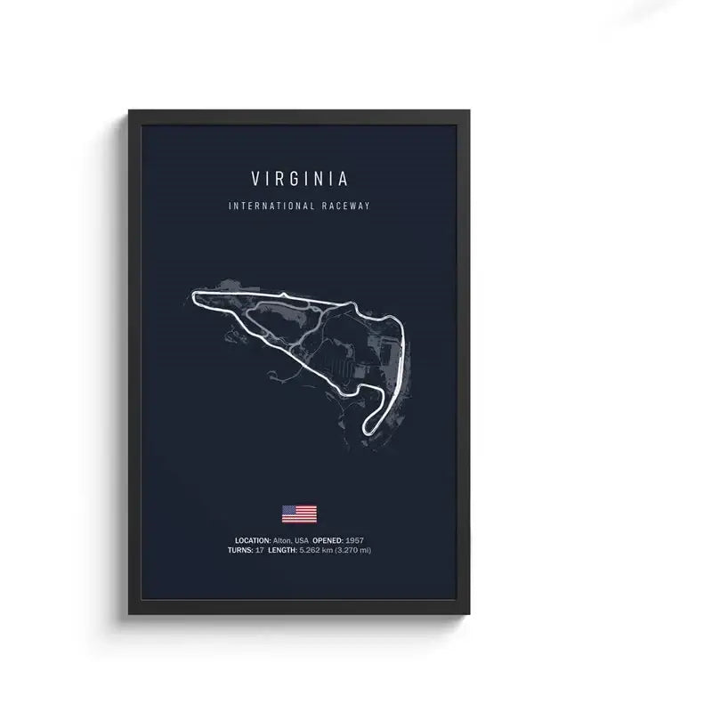 Dark blue framed decorbites™ f1 circuit canvas painting featuring white line drawing of virginia international raceway wall art