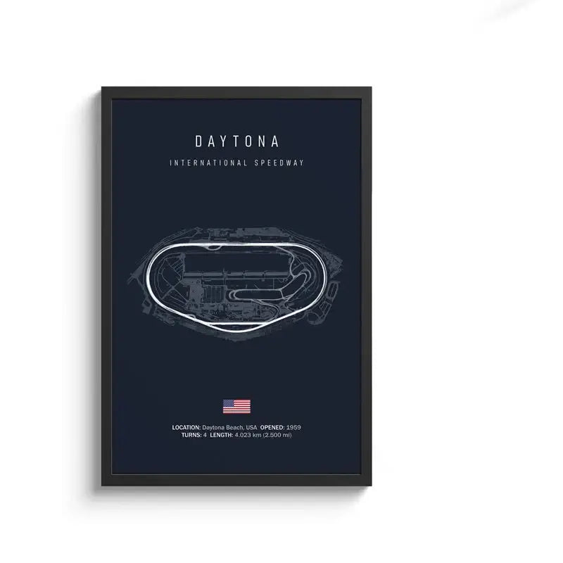 Dark blue framed decorbites™ canvas painting featuring white line drawing of daytona international speedway track layout wall art