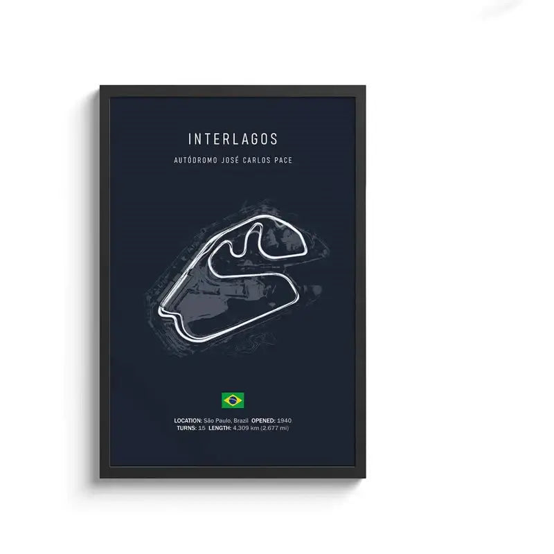 Dark blue framed DecorBites™ F1 circuit canvas painting featuring Interlagos track line drawing and Brazilian flag wall art