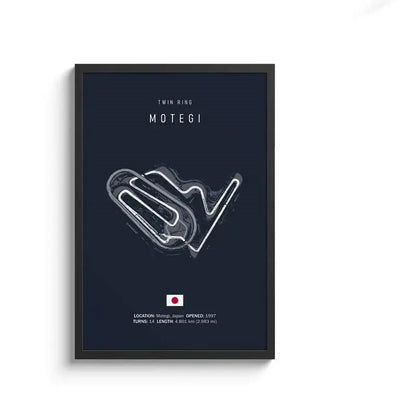 Dark blue framed canvas painting featuring white line art of twin ring motegi circuit for motorsport wall art