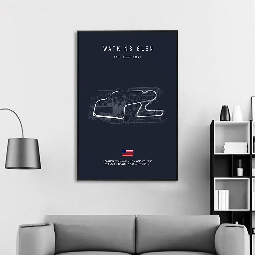 Dark blue framed decorbites f1 circuit canvas painting featuring white line drawing of watkins glen international wall art