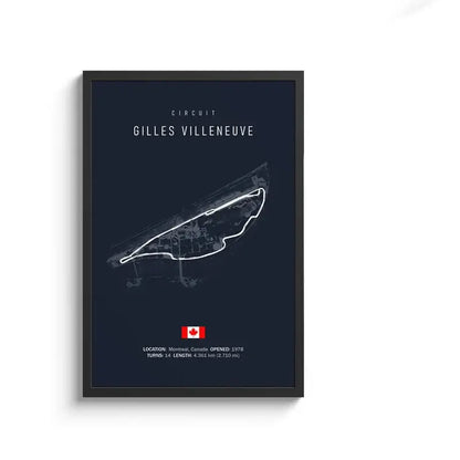 Dark blue framed circuit canvas painting featuring a white line drawing of the Gilles Villeneuve track for motorsport wall art