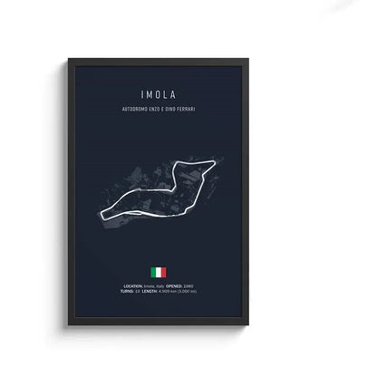 Dark blue framed DecorBites F1 circuit canvas painting featuring a white Imola race track line drawing with Italian flag wall art