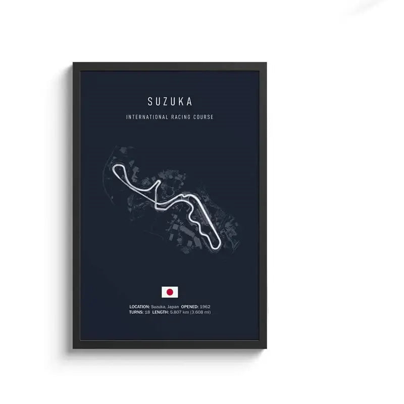 Dark blue framed circuit canvas painting featuring a minimalist white suzuka international racing course for wall art