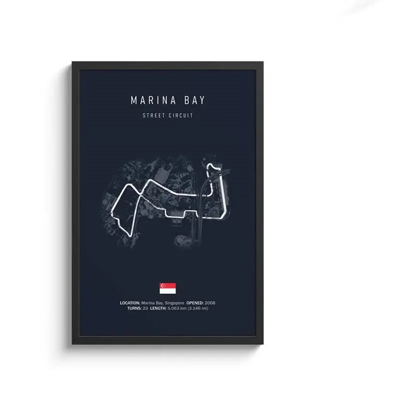 A framed DecorBites™ circuit canvas painting of the marina bay street circuit in white on a dark navy background with singapore flag wall art