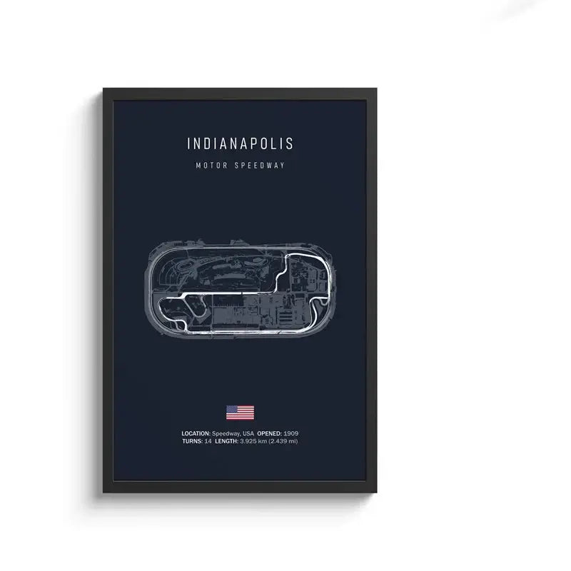 A framed decorbites™ f1 circuit canvas painting featuring a white line drawing of indianapolis motor speedway on navy wall art