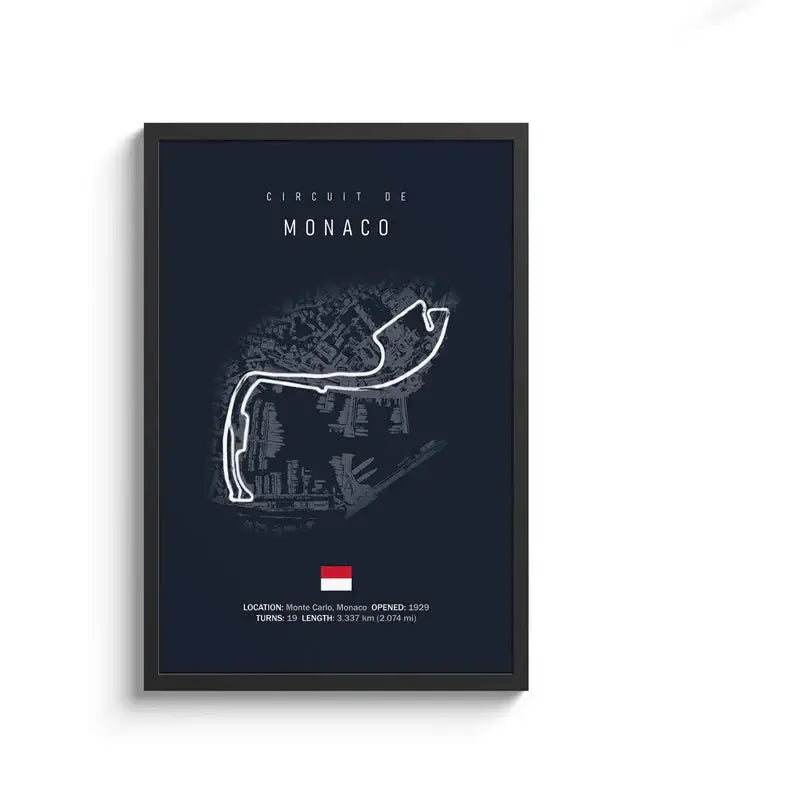 A framed decorbites™ f1 circuit canvas painting with minimalist white monaco race track line art on dark navy wall art