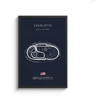 A framed decorbites™ f1 circuit canvas painting featuring a white charlotte motor speedway track on navy wall art