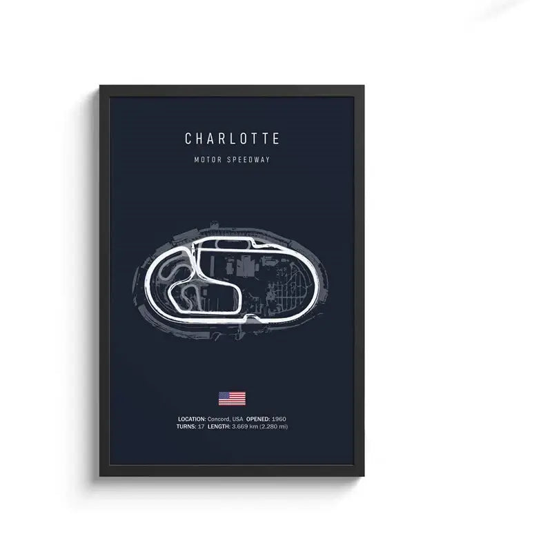 A framed decorbites™ f1 circuit canvas painting featuring a white charlotte motor speedway track on navy wall art