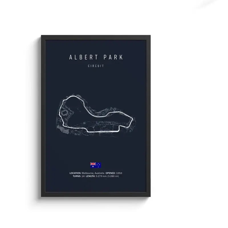 A framed navy blue circuit canvas painting of the Albert Park race track with text and Australian flag wall art