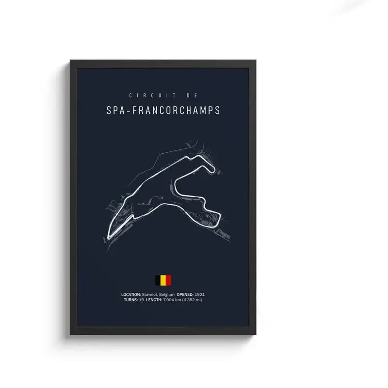 DecorBites™ F1 circuit canvas painting with minimalist spa-francorchamps track line art on navy wall art canvas