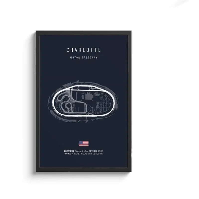 Framed decorbites™ f1 circuit canvas painting featuring a minimalist white line charlotte motor speedway track wall art
