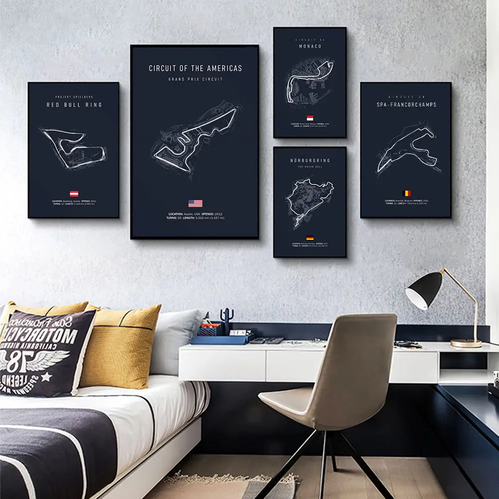 Set of five black-framed motorsport wall art circuit canvas paintings featuring white line drawings on dark backgrounds