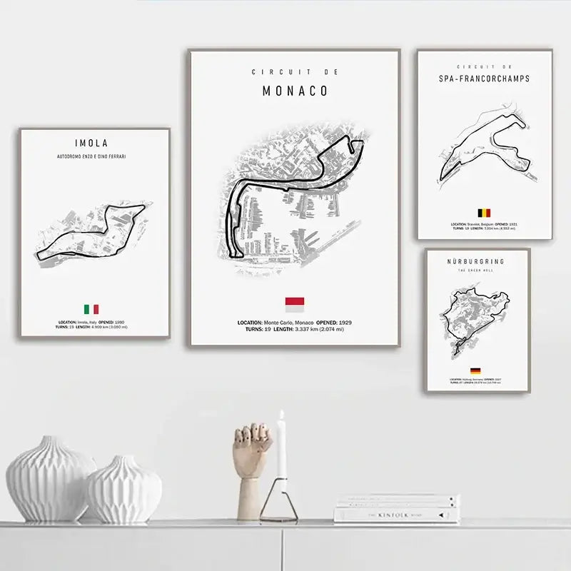 Set of four minimalist black and white circuit canvas paintings of Monaco Spa Francorchamps Imola and Nürburgring wall art