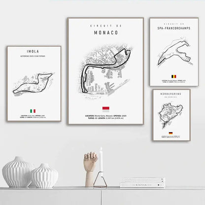 Set of four minimalist black and white F1 circuit canvas paintings featuring Monaco Spa Imola and Nürburgring wall art