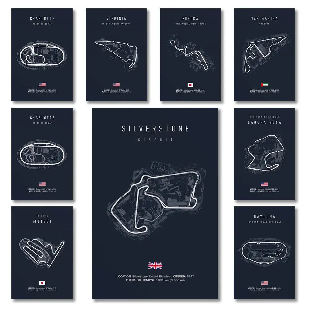 Set of nine dark navy circuit canvas paintings featuring white line art and country flags for motorsport wall art