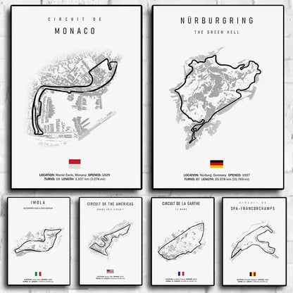Set of six minimalist black and white F1 circuit canvas paintings with national flags for motorsport wall art decor