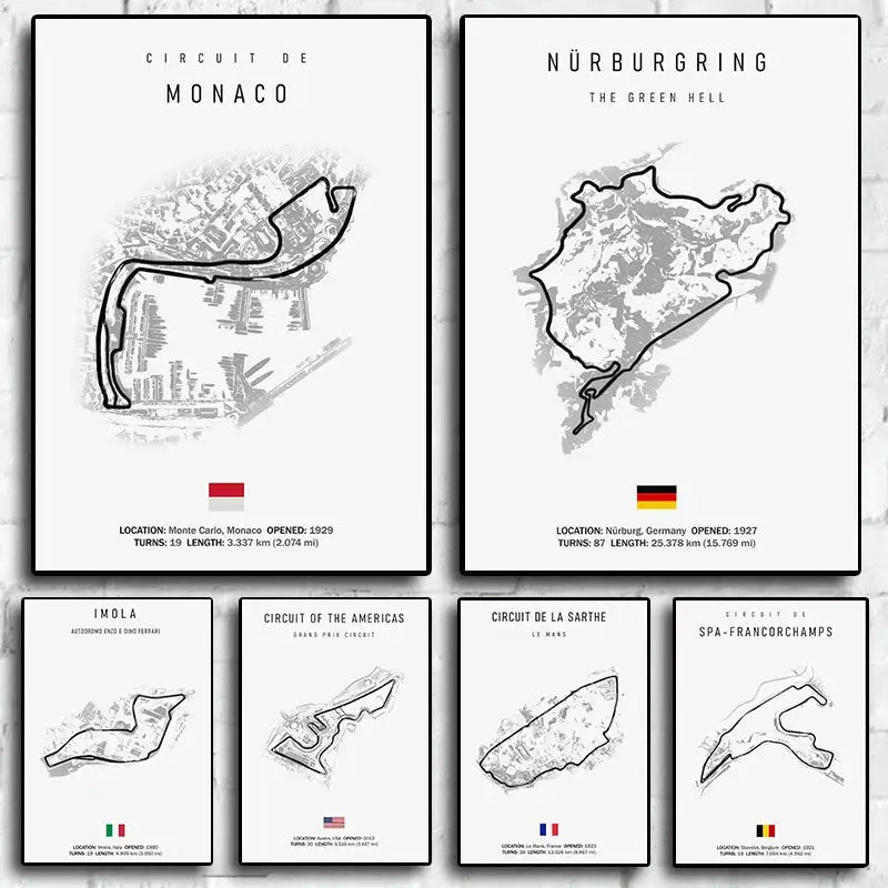 Set of six minimalist black and white F1 circuit canvas paintings with national flags for motorsport wall art decor