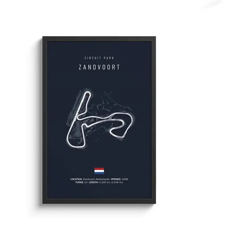 A sleek black-framed circuit canvas painting of zandvoort in white line art on navy for motorsport wall art decor