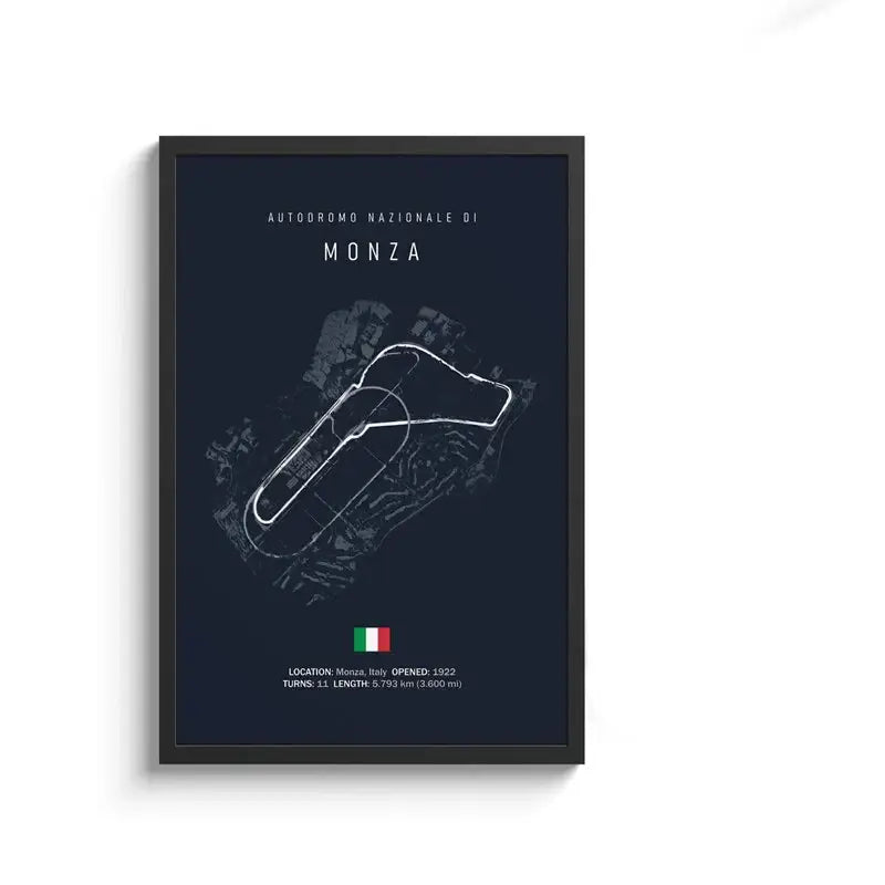 Decorbites™ f1 circuit canvas painting features a sleek black frame and minimalist white monza racetrack line art wall art