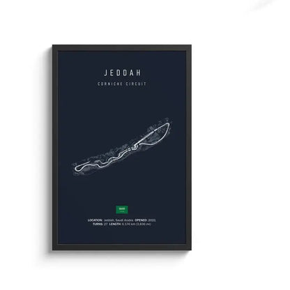 A sleek black-framed DecorBites™ canvas painting of the jeddah corniche circuit line art on deep navy wall art