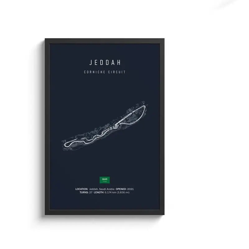 A sleek black-framed DecorBites™ canvas painting of the jeddah corniche circuit line art on deep navy wall art