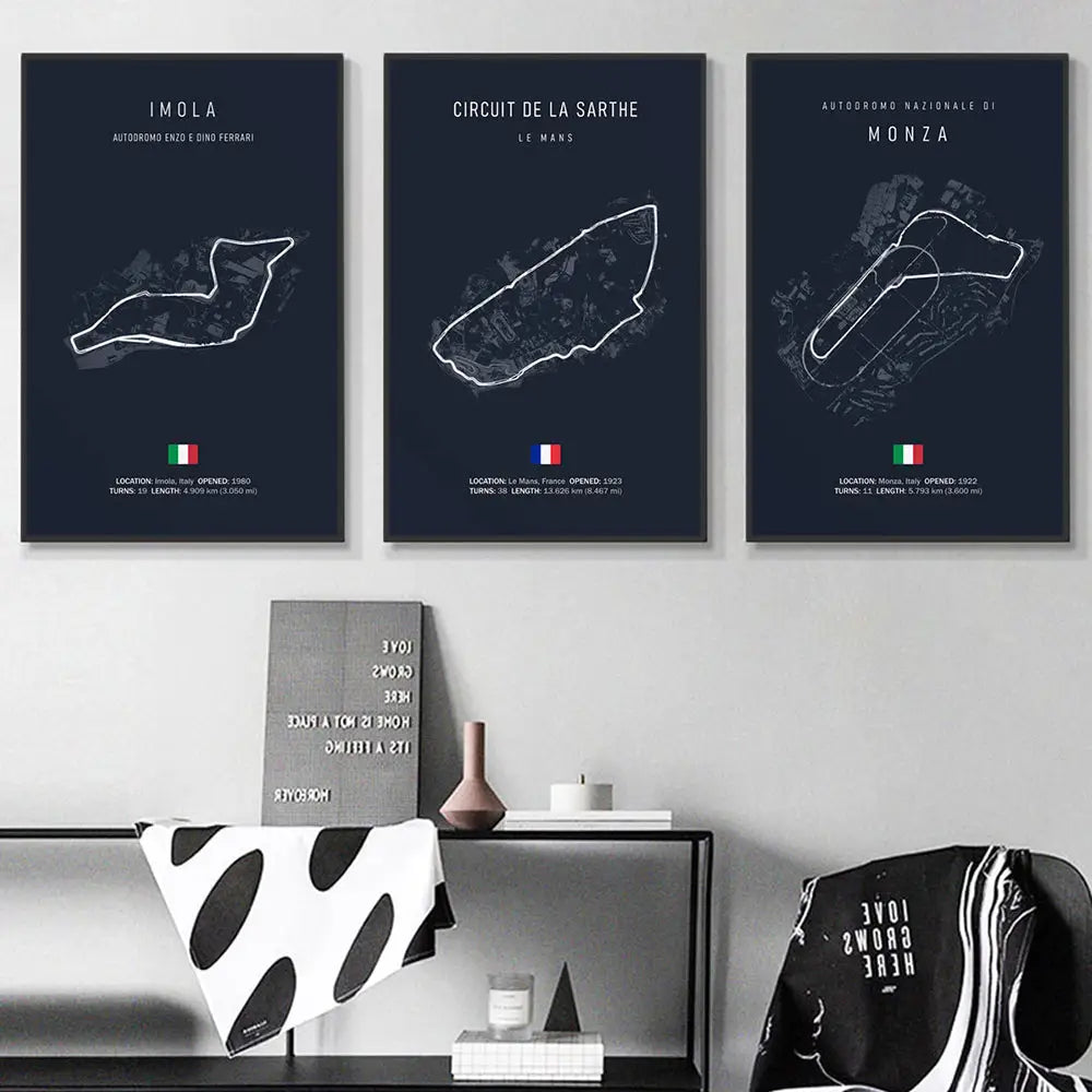 Three framed navy canvas paintings featuring f1 circuit line art with country flags for motorsport wall art decor