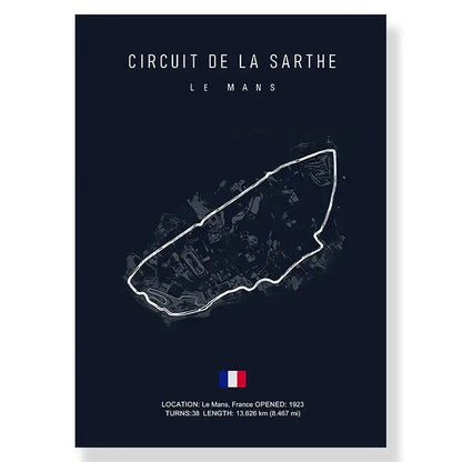 Dark blue decorbites™ f1 monaco imola track canvas art print featuring white circuit de la sarthe line drawing with french flag