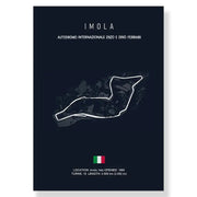Decorbites™ f1 race track canvas art print in dark blue featuring white line drawing of imola monaco track circuit with italian flag