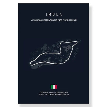 Decorbites™ f1 race track canvas art print in dark blue featuring white line drawing of imola monaco track circuit with italian flag