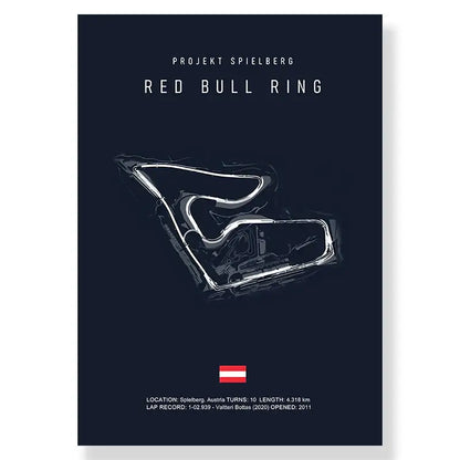 Dark blue decorbites™ canvas art print featuring white line-art illustration of red bull ring track circuit design