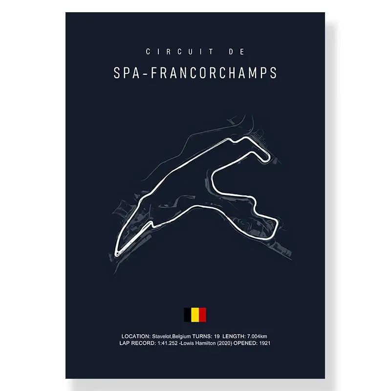 Dark blue DecorBites™ F1 race track canvas art print featuring white line drawing of spa-francorchamps track circuit