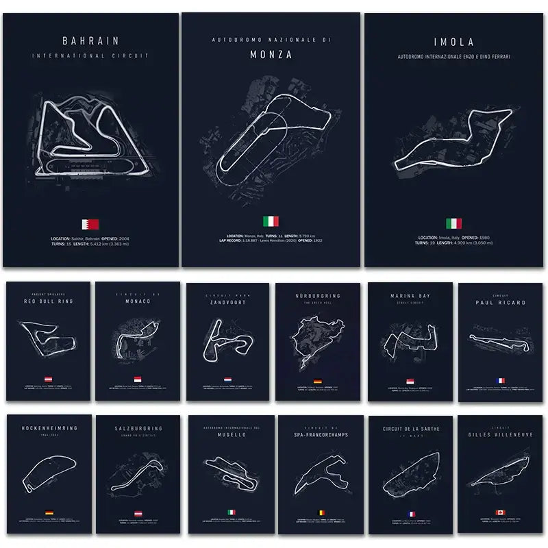 Set of twelve dark navy DecorBites™ F1 race track circuit canvas art prints featuring monaco track and country flags