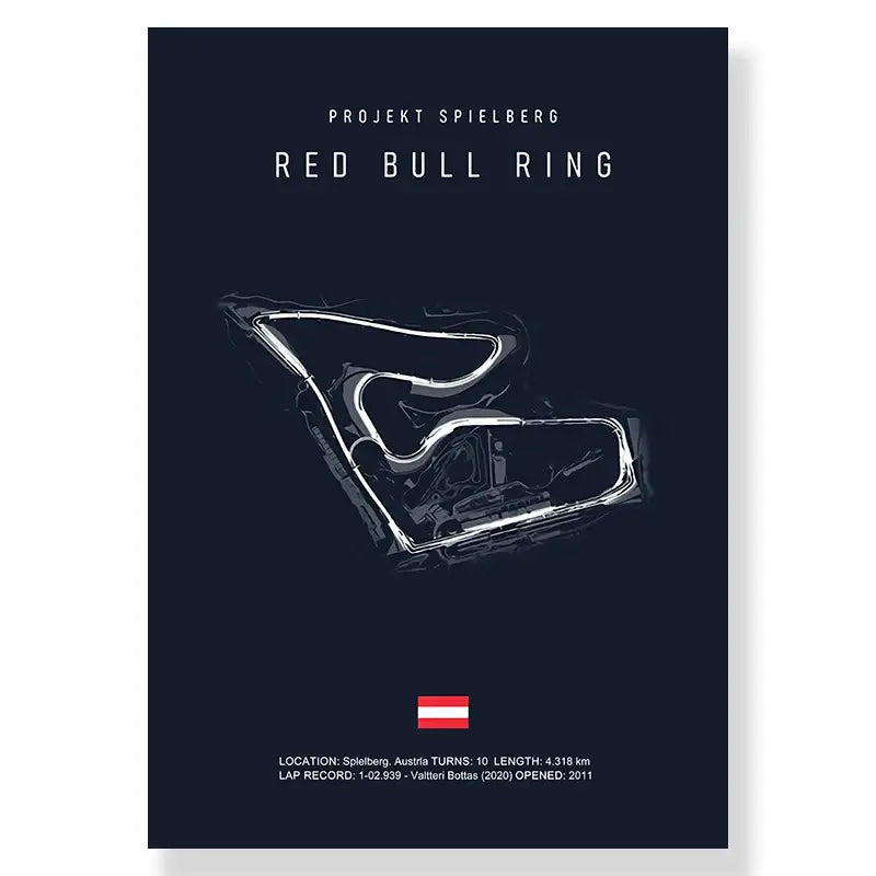 Dark blue canvas painting wall art featuring white line-art illustration of the red bull ring race track by DecorBites™