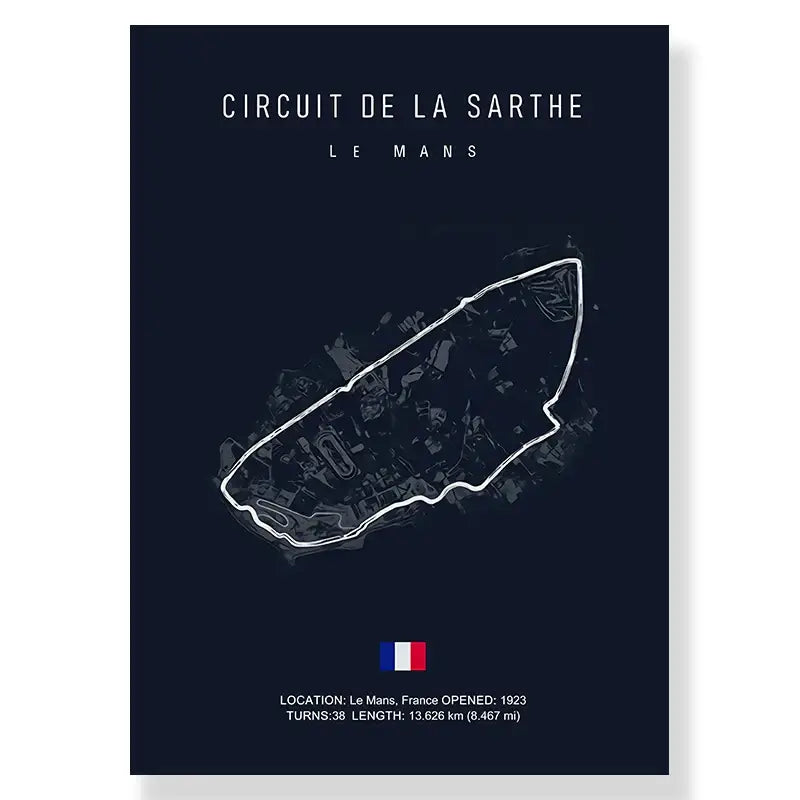 Dark blue canvas painting wall art featuring a white line drawing of circuit de la sarthe race track with French flag