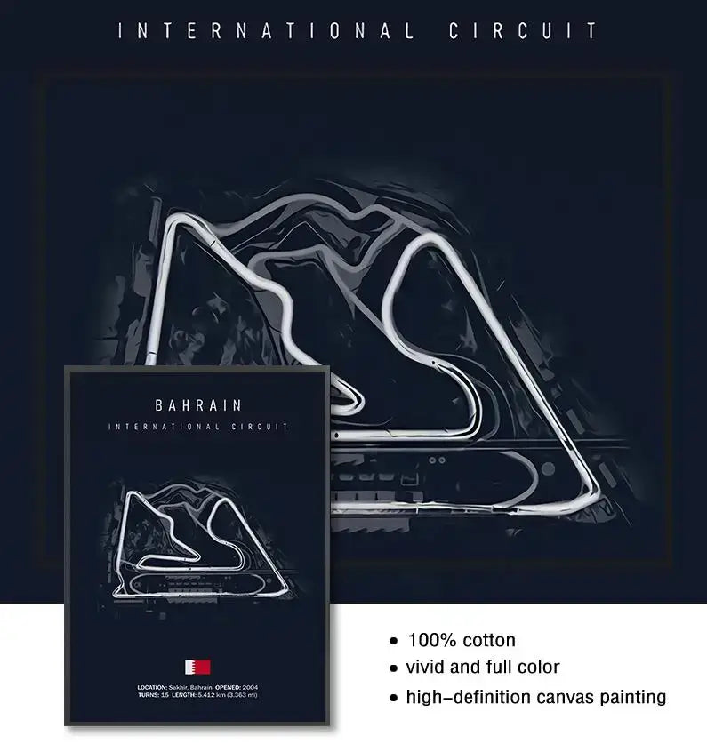 Black canvas race track canvas featuring a white line drawing of the bahrain international circuit layout by DecorBites™