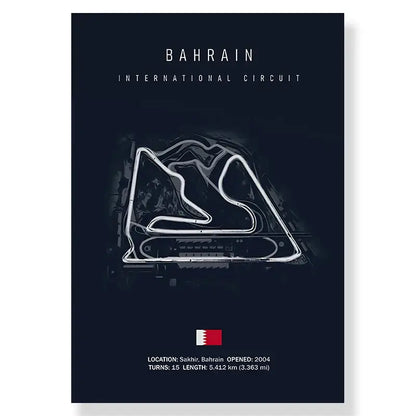 Dark blue race track canvas featuring white neon-style outline of bahrain international circuit by decorbites f1 wall art print