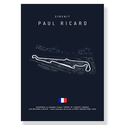 DecorBites F1 race track canvas wall art print in dark blue with white paul ricard race track line drawing and gray shading