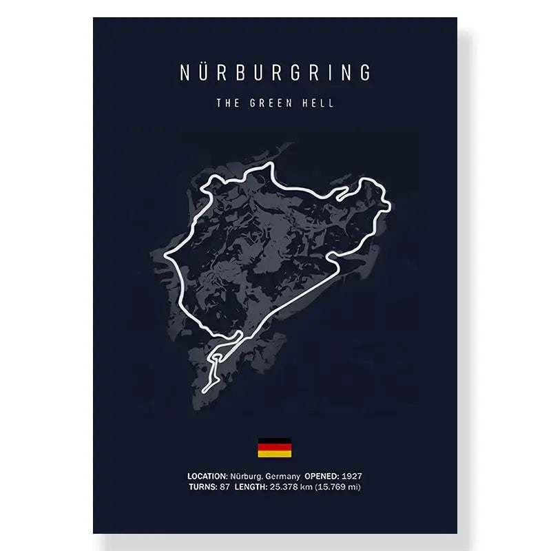Dark blue DecorBites™ F1 race track canvas wall art print featuring a white Nürburgring track line drawing and german flag