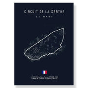 Dark blue decorbites™ f1 race track canvas wall art print featuring white circuit de la sarthe line drawing and french flag