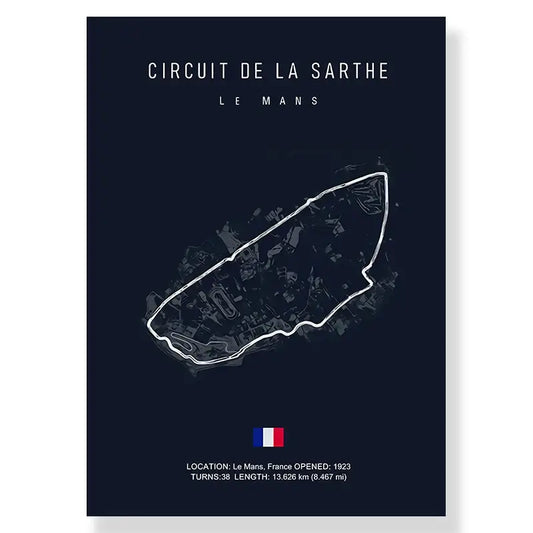 Dark blue decorbites™ f1 race track canvas wall art print featuring white circuit de la sarthe line drawing and french flag