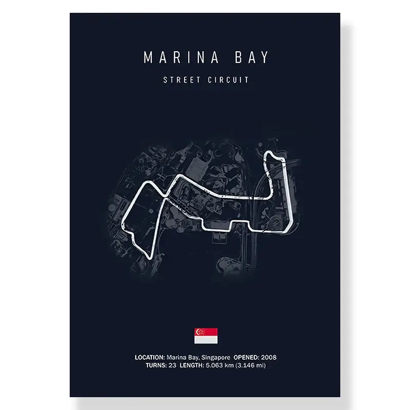 Dark navy decorbites™ f1 race track canvas wall art print featuring white line drawing of marina bay street circuit and singapore flag
