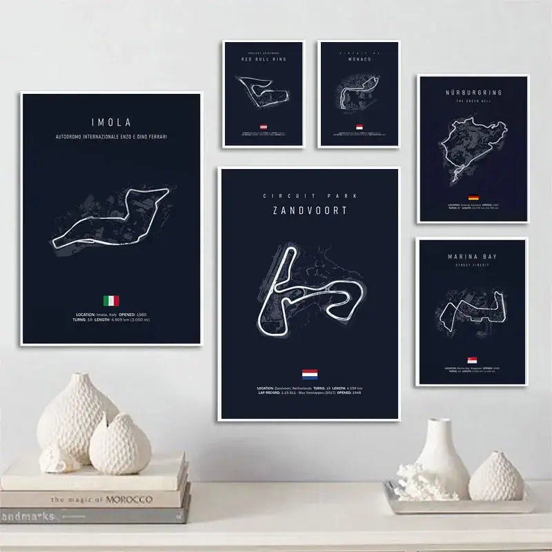 DecorBites™ F1 race track canvas wall art featuring six framed minimalist white line art tracks on dark navy backgrounds
