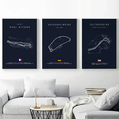 DecorBites™ F1 race track canvas wall art with white line drawings on navy backgrounds featuring national flags