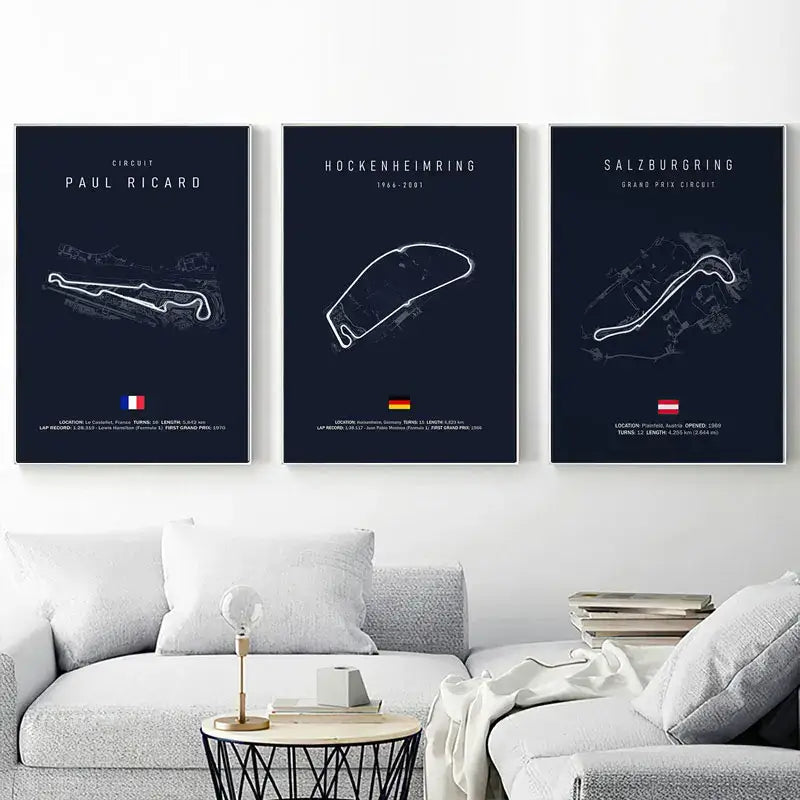 DecorBites™ F1 race track canvas wall art with white line drawings on navy backgrounds featuring national flags